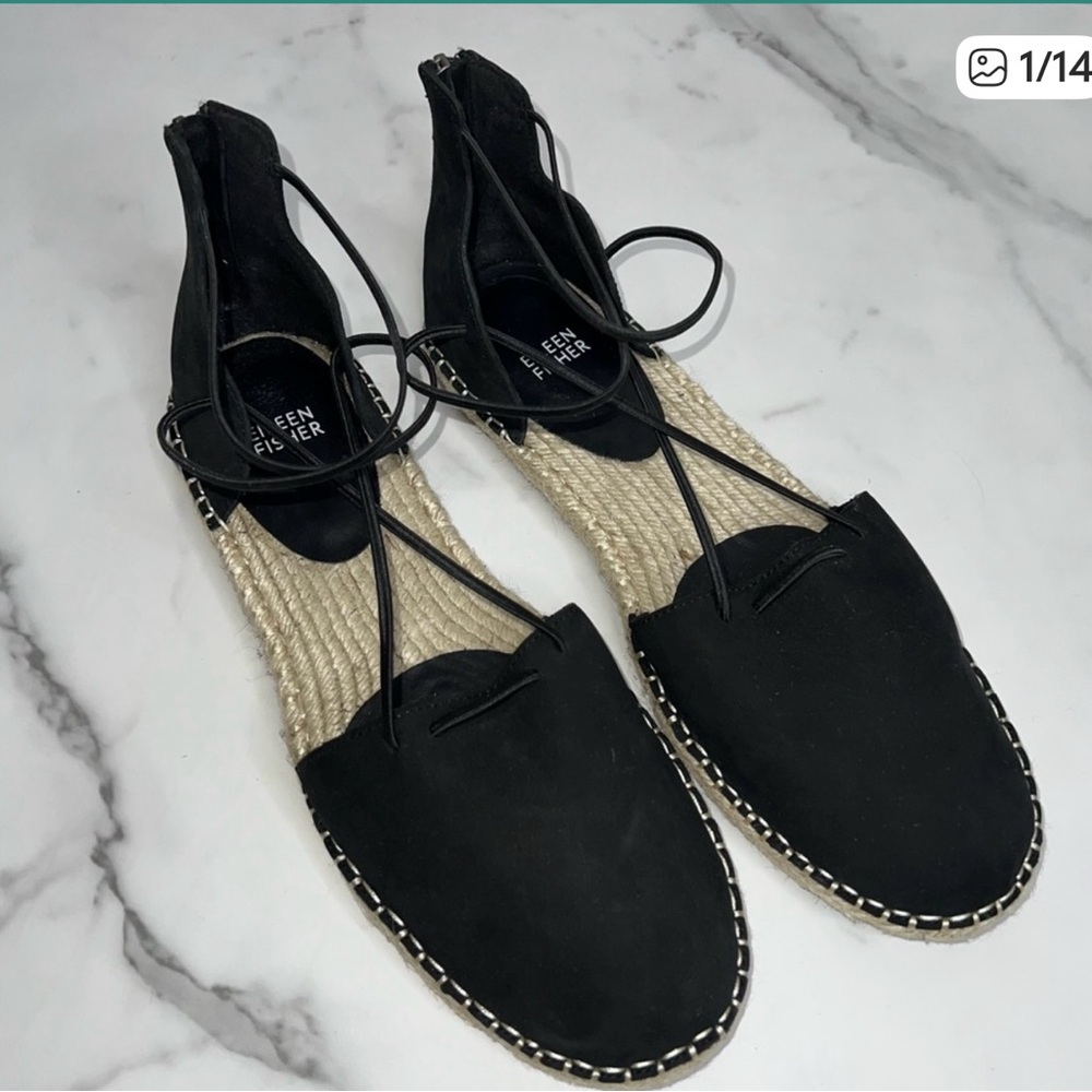 Eileen Fisher Sandal Elastic Lace Up Espadrille Women Shoe Black Leather Size 11 - Picture 2 of 6